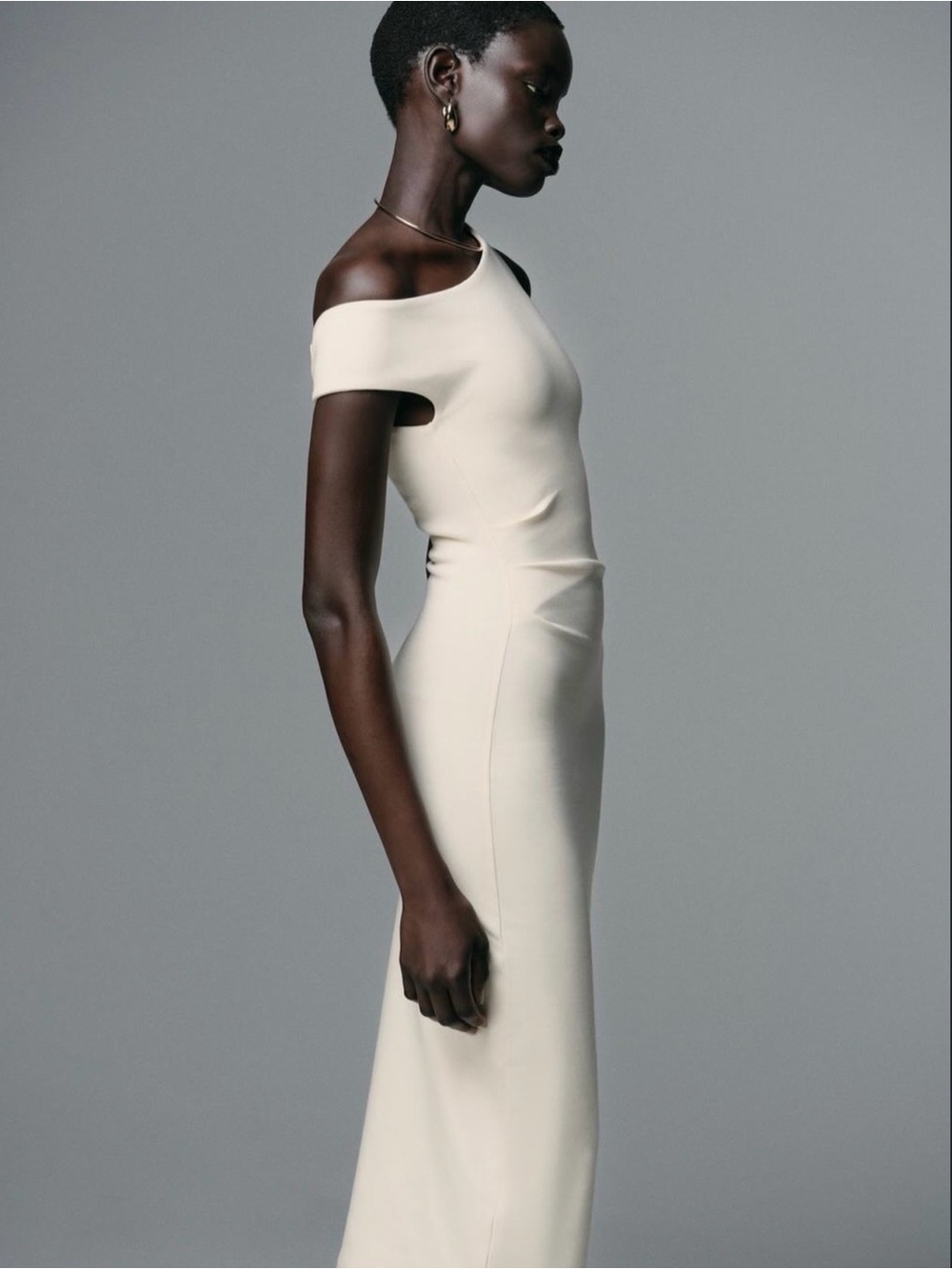Zara One-Shoulder Cream Midi Bodycon Dress - Picture 3 of 10